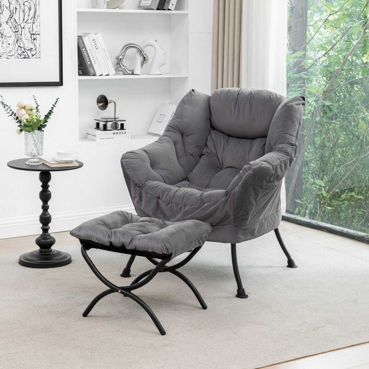 Upholstered Lazy Chair with Ottoman,Modern Comfy Lounge Sofa Chair with Armrest and a Side Pocket
